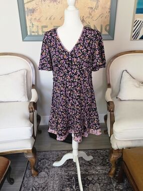 Band of Gypsies Black Mini Dress with Pink and Orange Floral Print